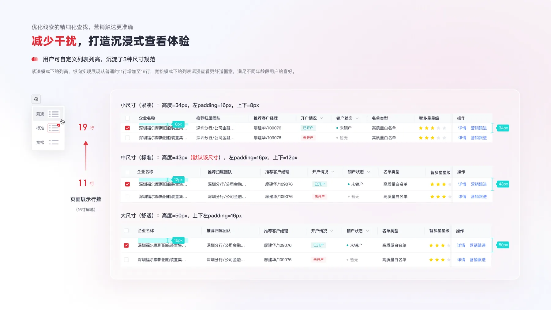 CRM线索列表三档密度规范